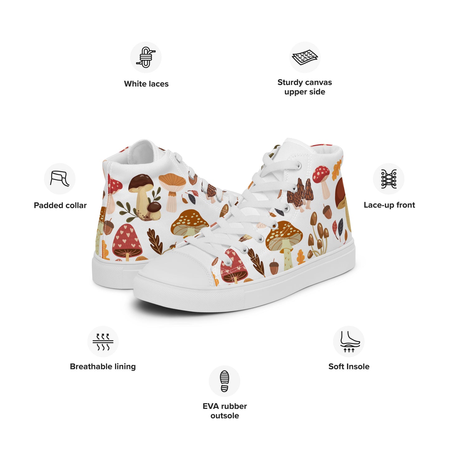 Cottagecore Mushroom Shoes | Retro Canvas Sneakers | Women High Tops | Toadstool Shoes